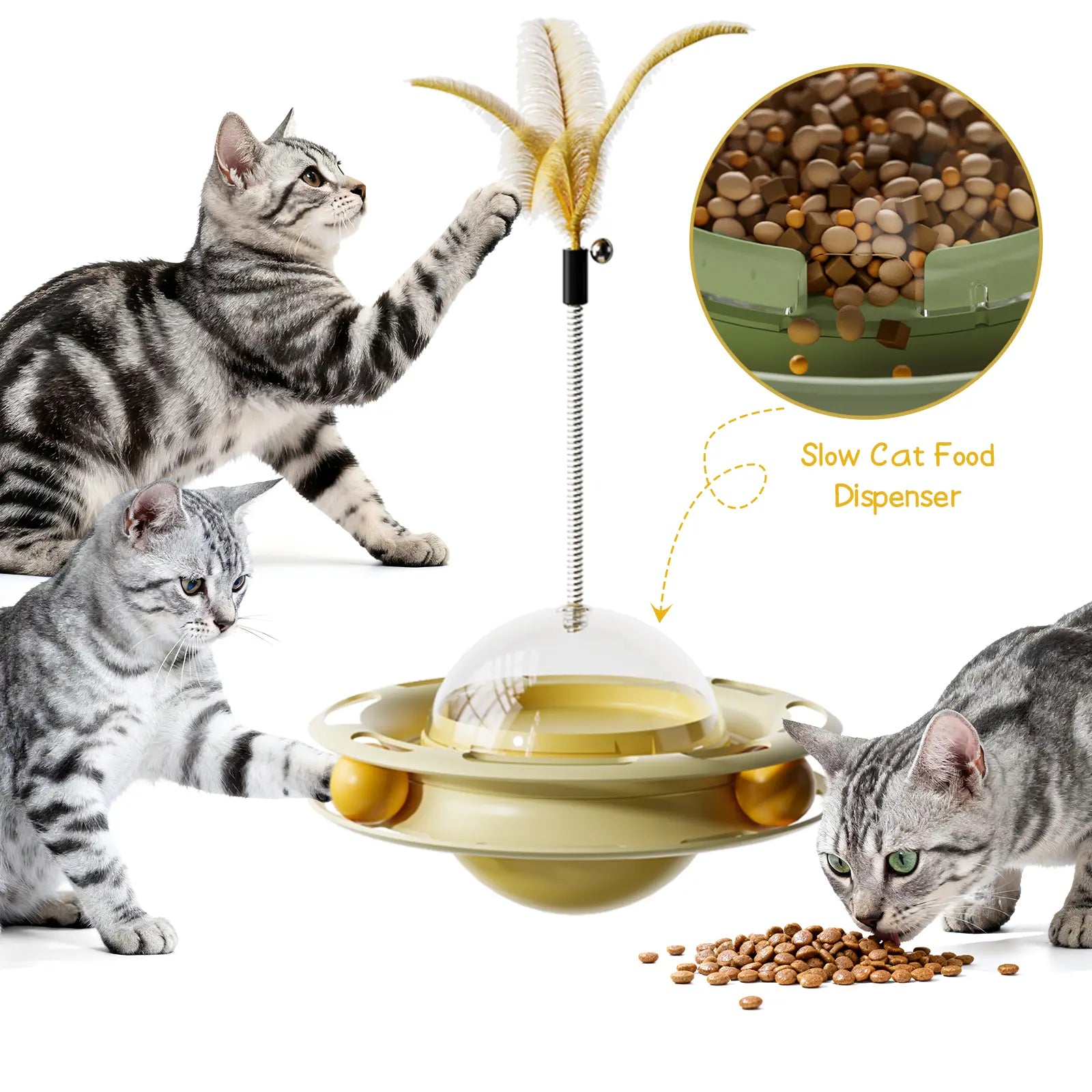 Cat Toys 3 in 1 Interactive Wobbling Cat Roller Toy , Moving Feather, 360° Rotating Food Leakage Device,Solve Cat Anxiety and Attract Cats to Play