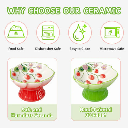 Ceramic Pet Slow Feeder Bowl, Elevated Pet Food Bowl for Cats & Small Dogs, Prevents Vomiting & Bloating, Non-Slip Base, Strawberry Country-Style Design for Dry and Wet Food