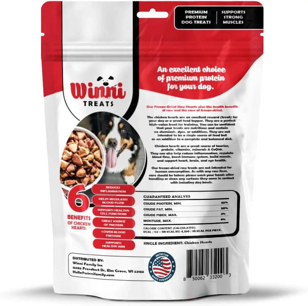 Winni Treats Freeze Dried Chicken Hearts Dog Treats - 100% Natural High Protein Snack Made in USA, Single Ingredient, Supports Strong Muscles, 3.75Oz