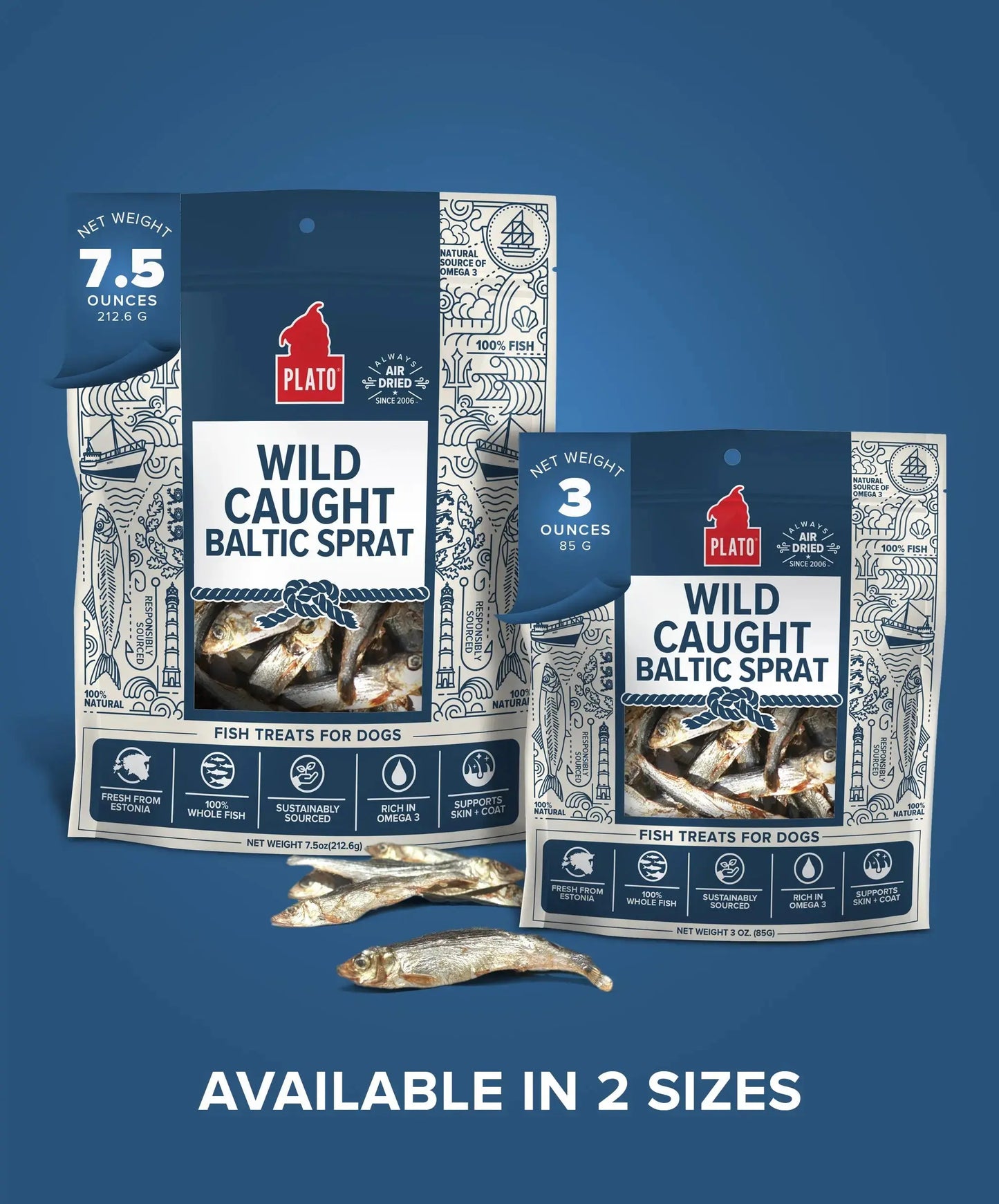 Plato Wild-Caught Baltic Sprat Dog Treats | Single-Ingredient Whole Fish | Omega-3 Skin & Coat Support | Grain-Free Air-Dried | 3Oz & 7.5Oz