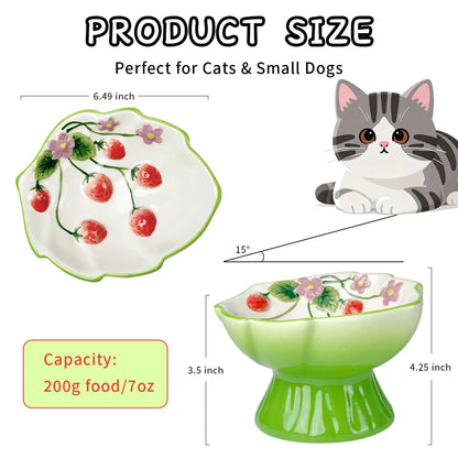 Ceramic Pet Slow Feeder Bowl, Elevated Pet Food Bowl for Cats & Small Dogs, Prevents Vomiting & Bloating, Non-Slip Base, Strawberry Country-Style Design for Dry and Wet Food