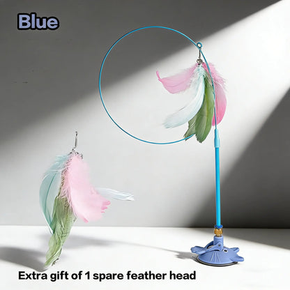 Cat Wand Toys with Suction Cup, Interactive Feathersimulation Cat Toy Set,Cat Teaser Cat Toys,Flexible Steelwire and 2Pcs Replacement Feather Reflls with Bells.Catteaser Pettoys Halloween Kitten Christmas Feathered