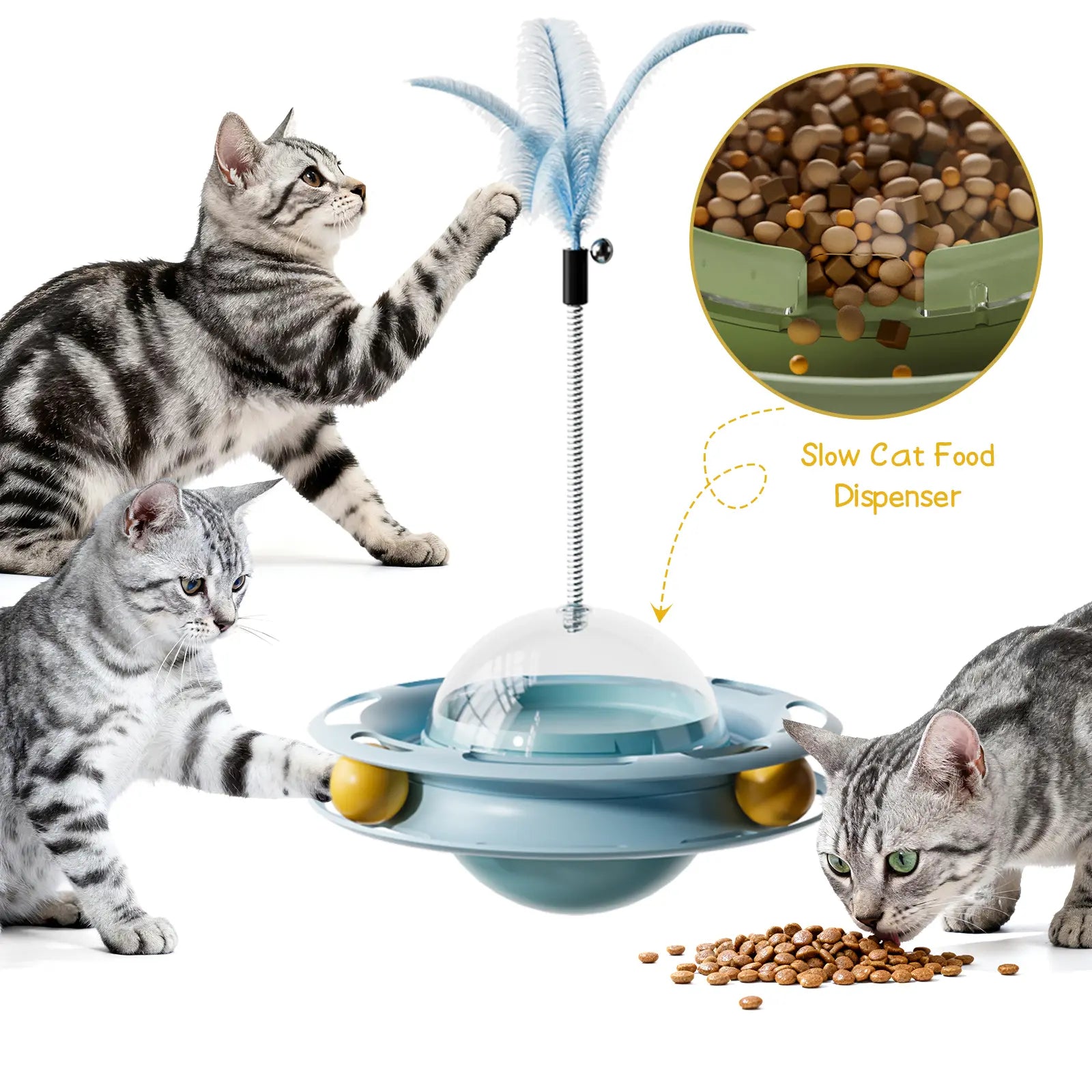 Cat Toys 3 in 1 Interactive Wobbling Cat Roller Toy , Moving Feather, 360° Rotating Food Leakage Device,Solve Cat Anxiety and Attract Cats to Play