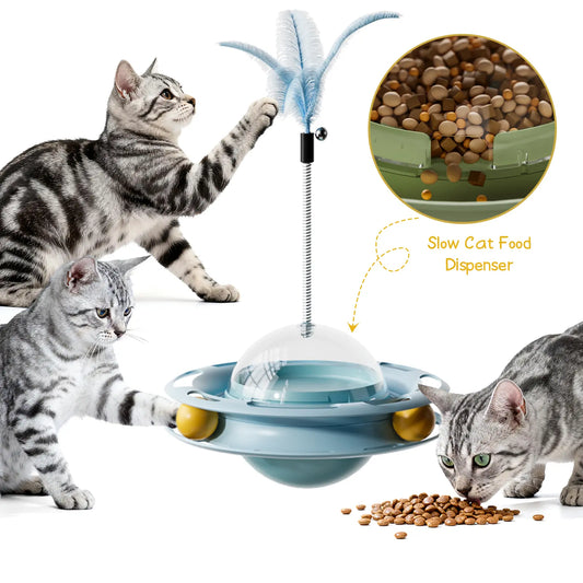 Cat Toys 3 in 1 Interactive Wobbling Cat Roller Toy , Moving Feather, 360° Rotating Food Leakage Device,Solve Cat Anxiety and Attract Cats to Play