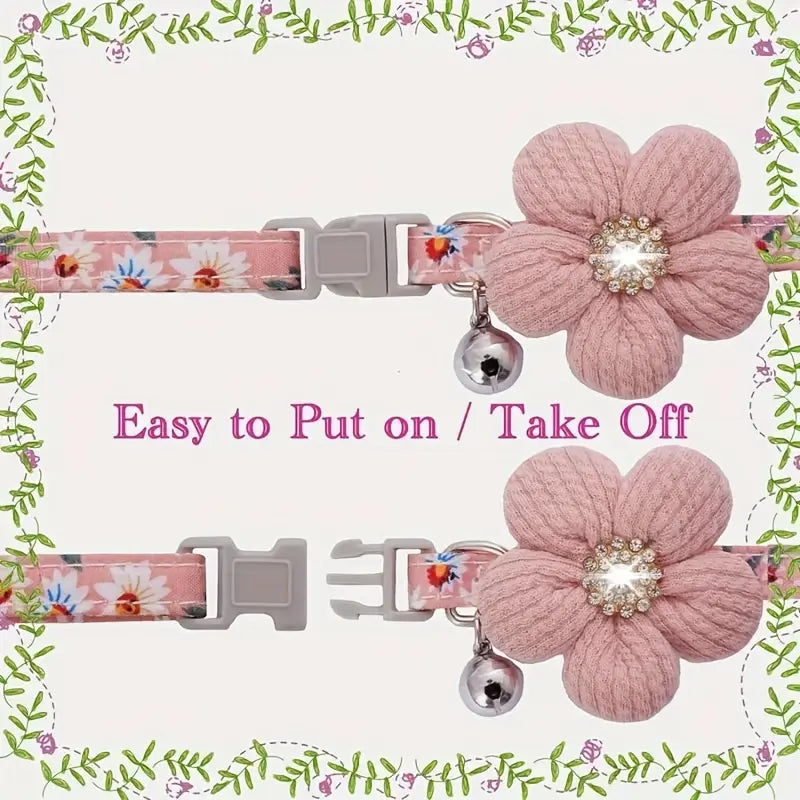 2Pcs Soft Adjustable Polyester Floral Dog Collar with 3D Flower Charm and Detachable Bells | Suitable for Small Dogs and Cats, Pink-White Floral Pattern, Cute Pet Accessory