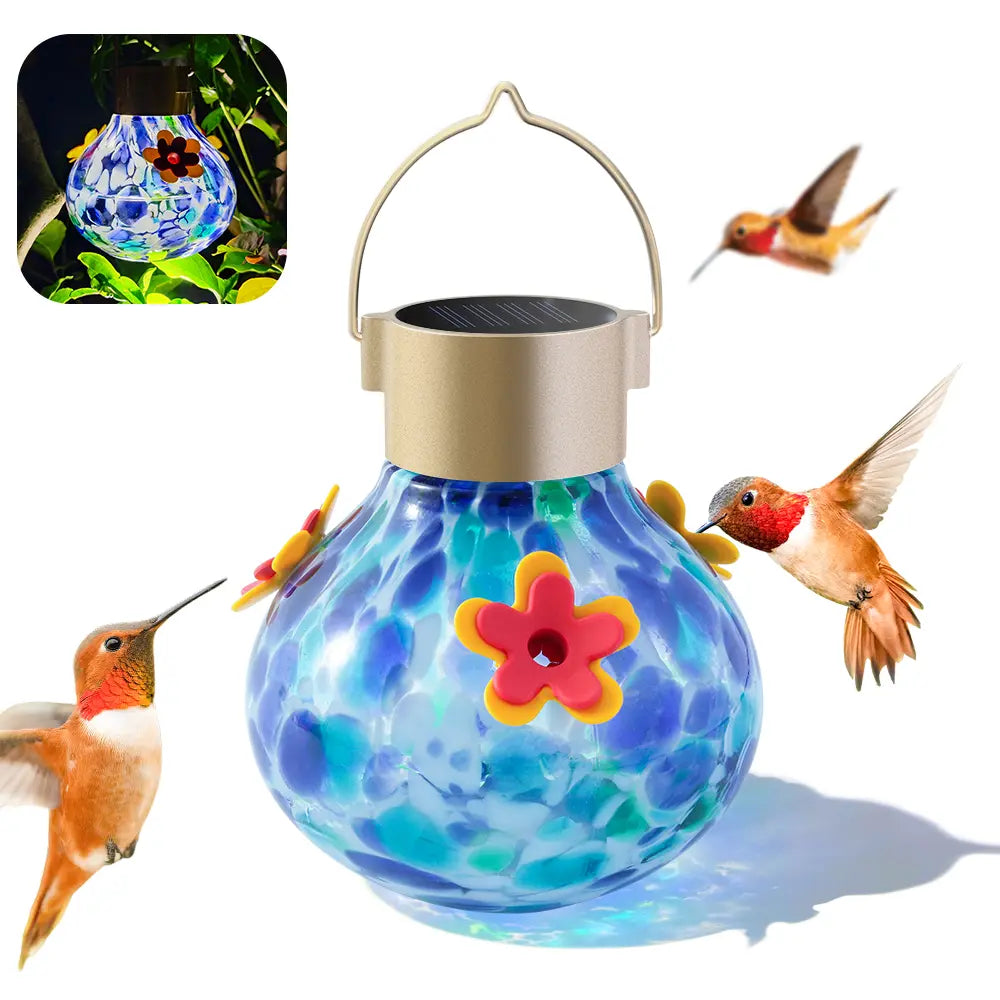 Vinguys Solar Hummingbird Feeder with Light – 13.5Oz Glass, 3-Port Garden Feeder, Auto-On at Night, Waterproof, Soft Glow