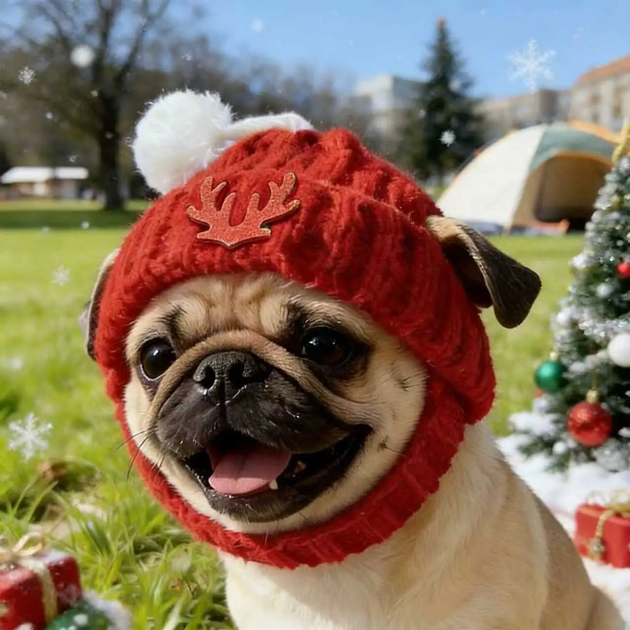 Red Knit Dog Beanie with Ear Flaps – Warm Soft Winter Hat for Small Dogs, Indoor/Outdoor, Machine Washable