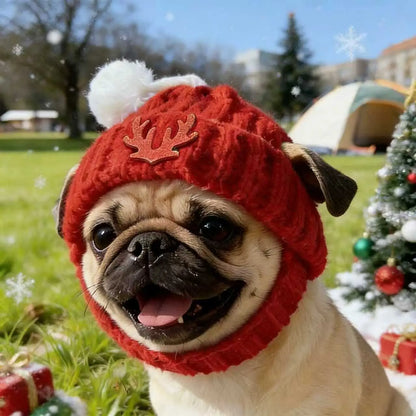 Red Knit Dog Beanie with Ear Flaps – Warm Soft Winter Hat for Small Dogs, Indoor/Outdoor, Machine Washable