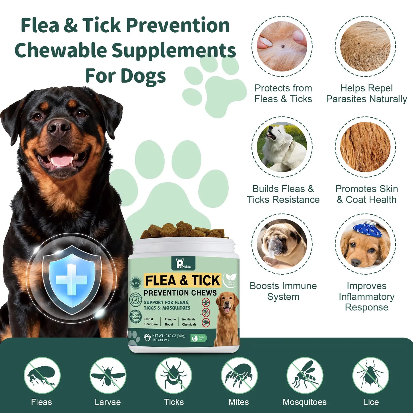 Dog Flea & Tick Support Soft Chews - Natural Oral Supplement - Suitable for All Breeds & Sizes - 150 Chicken Treats
