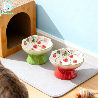 Ceramic Pet Slow Feeder Bowl, Elevated Pet Food Bowl for Cats & Small Dogs, Prevents Vomiting & Bloating, Non-Slip Base, Strawberry Country-Style Design for Dry and Wet Food