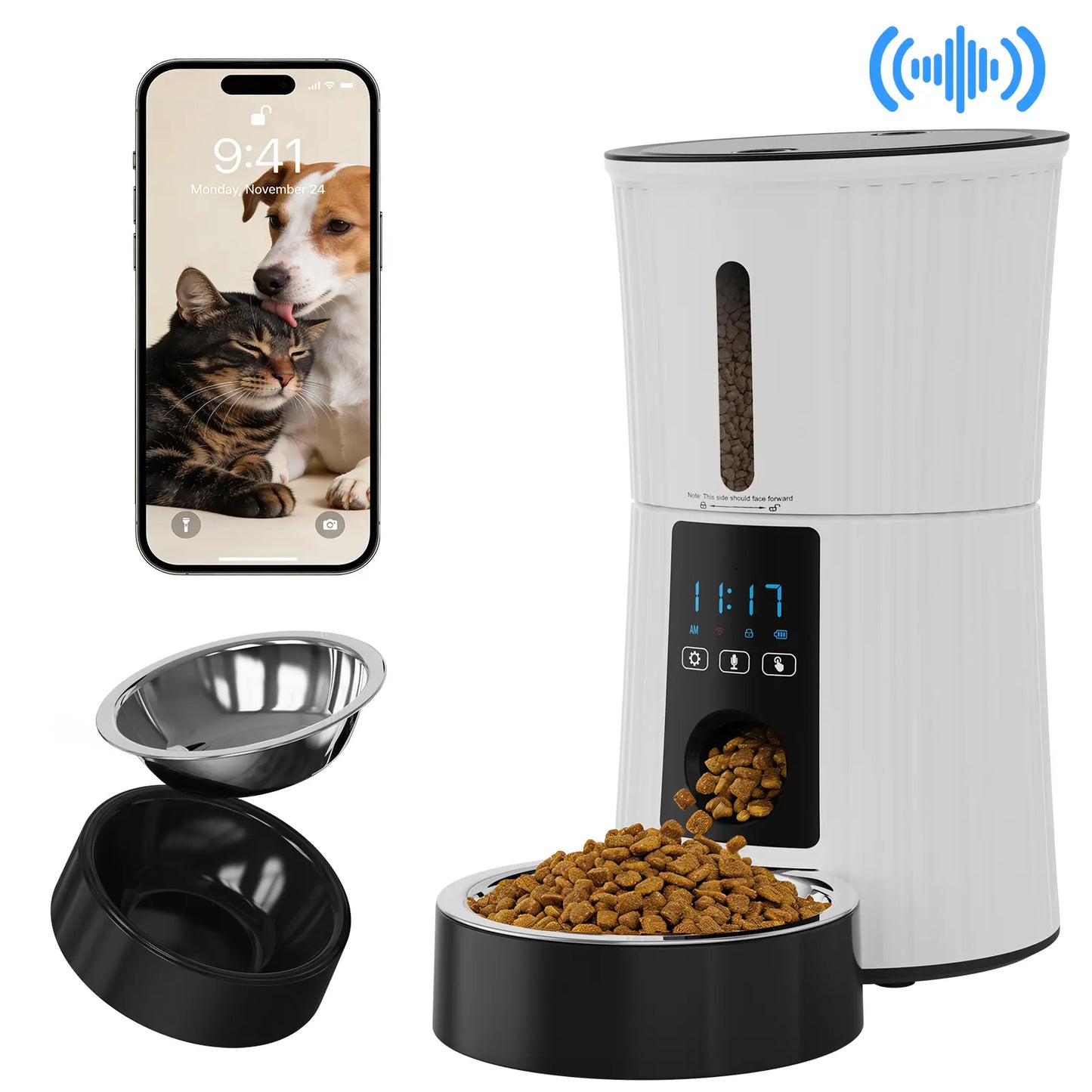 Automatic Cat Feeder, Timed Cat Food Dispenser with APP Control, 10S Voice Recorder, Dual Power Supply, 2.4G Wifi Indoor Programmable Pet Feeder with Desiccant for Small Cats and Dogs