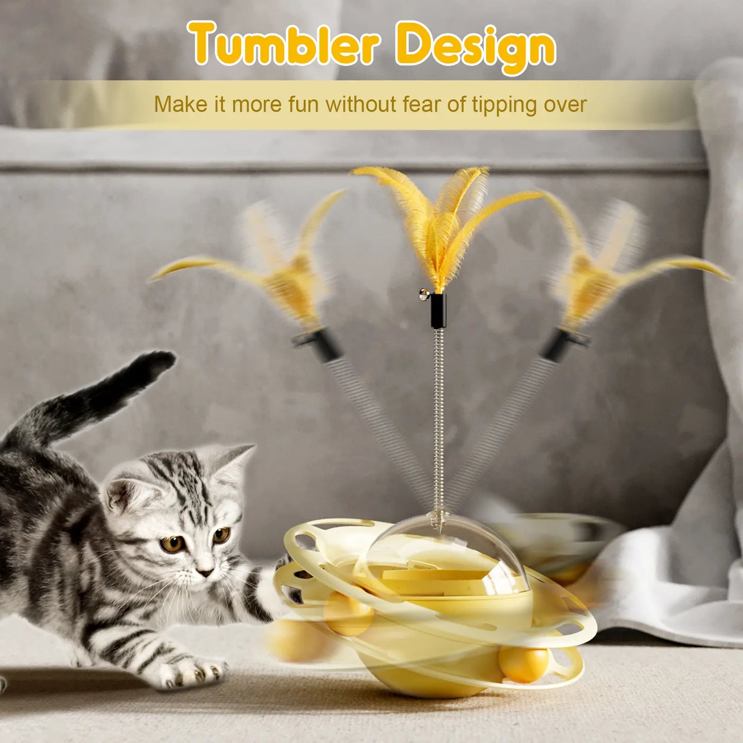 Cat Toys 3 in 1 Interactive Wobbling Cat Roller Toy , Moving Feather, 360° Rotating Food Leakage Device,Solve Cat Anxiety and Attract Cats to Play