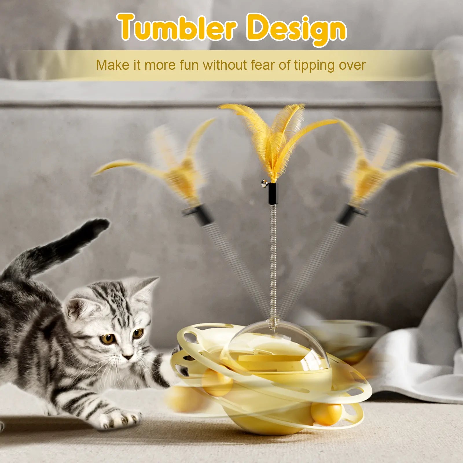 Cat Toys 3 in 1 Interactive Wobbling Cat Roller Toy , Moving Feather, 360° Rotating Food Leakage Device,Solve Cat Anxiety and Attract Cats to Play