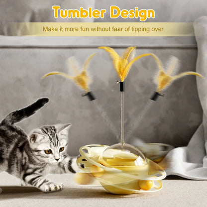 Cat Toys 3 in 1 Interactive Wobbling Cat Roller Toy , Moving Feather, 360° Rotating Food Leakage Device,Solve Cat Anxiety and Attract Cats to Play