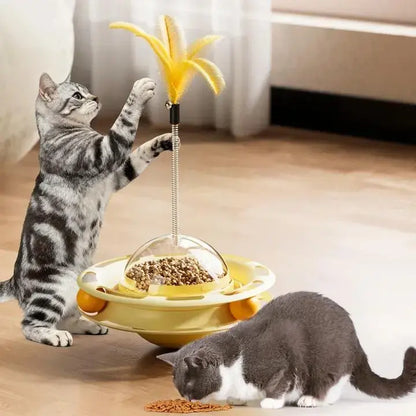 Cat Toys 3 in 1 Interactive Wobbling Cat Roller Toy , Moving Feather, 360° Rotating Food Leakage Device,Solve Cat Anxiety and Attract Cats to Play