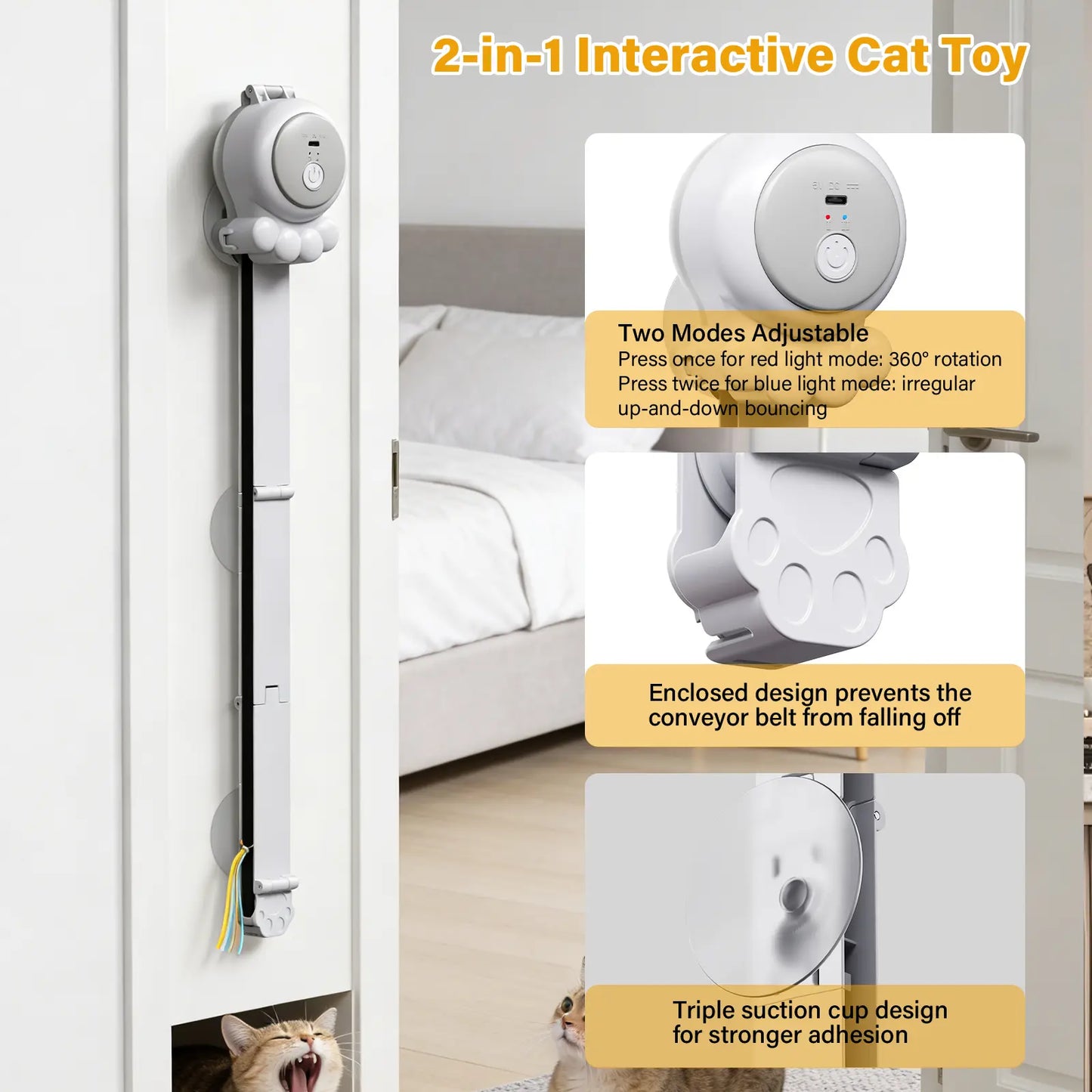 HAPPYCODE 2-In-1 Electric Cat Wand – Rechargeable Auto Indoor Toy, Suction & Hanging Design, 2 Modes (Track Chase + Bounce), Perfect for Kittens & Adult Cats, Ultimate Cat Gift,Stimulating Cat Toys