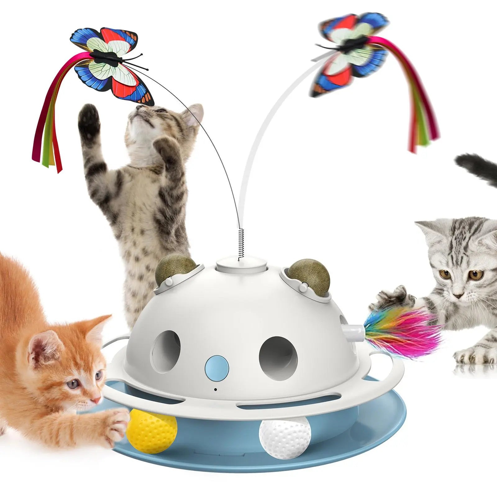Cat Toys 3 in 1 Interactive Wobbling Cat Roller Toy , Moving Feather, 360° Rotating Food Leakage Device,Solve Cat Anxiety and Attract Cats to Play