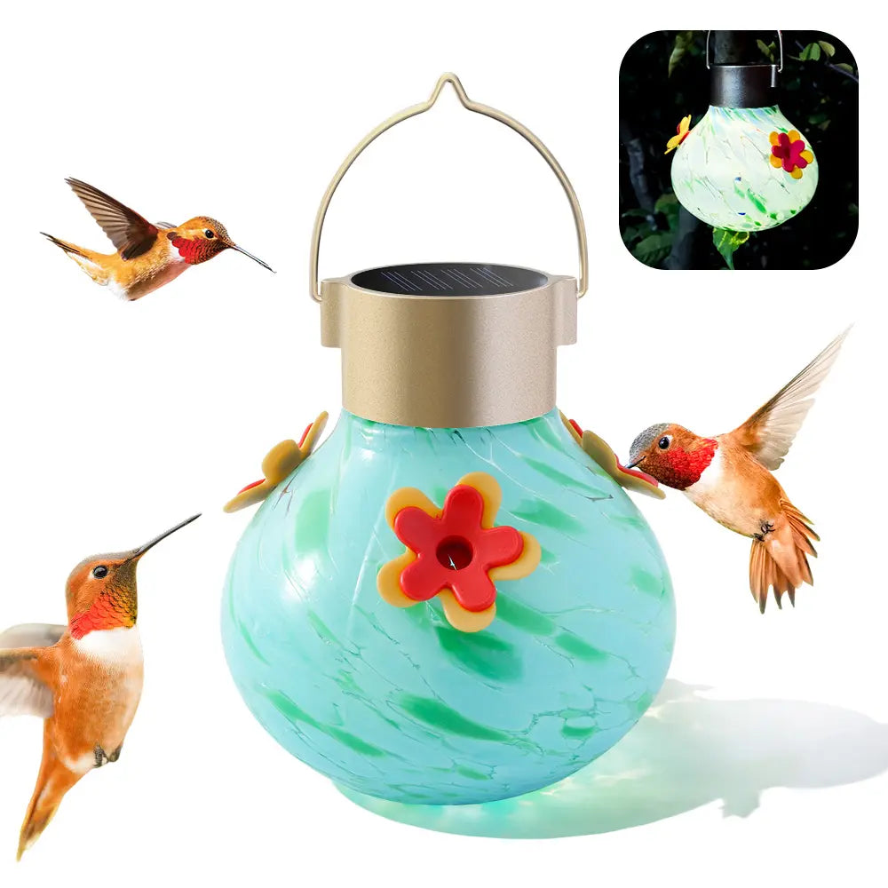 Vinguys Solar Hummingbird Feeder with Light – 13.5Oz Glass, 3-Port Garden Feeder, Auto-On at Night, Waterproof, Soft Glow