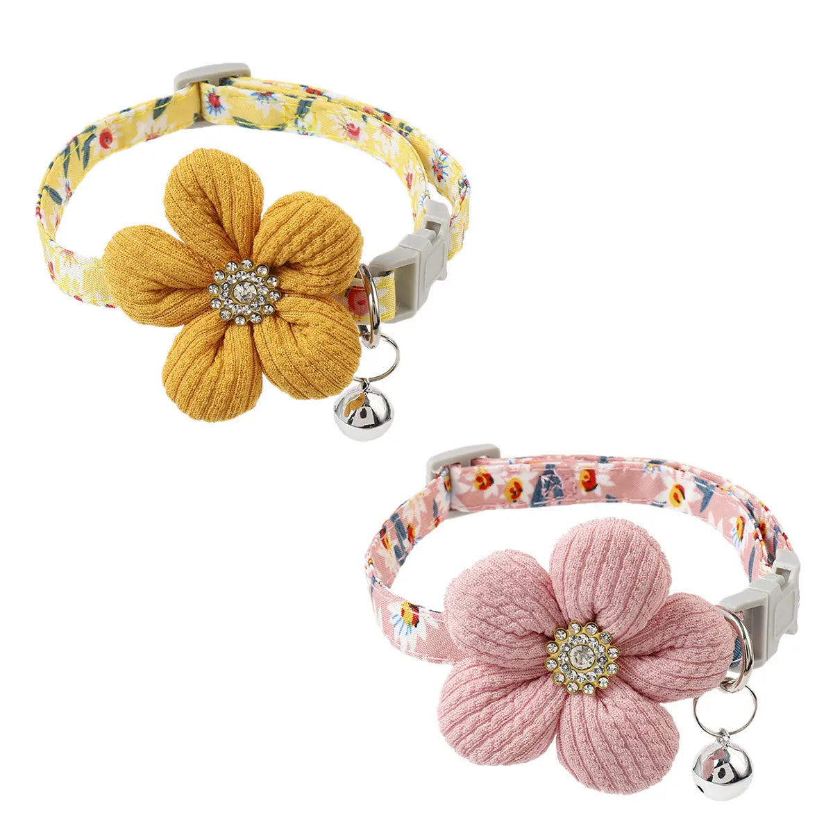 2Pcs Soft Adjustable Polyester Floral Dog Collar with 3D Flower Charm and Detachable Bells | Suitable for Small Dogs and Cats, Pink-White Floral Pattern, Cute Pet Accessory