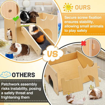 Upgraded Guinea Pig Castle, Sturdy Wooden Guinea Pig Hideout, Small Animal House Bed Hut Habitats with Stairs, Easy to Assemble for Hamsters Bunny Chinchillas Playing Hiding