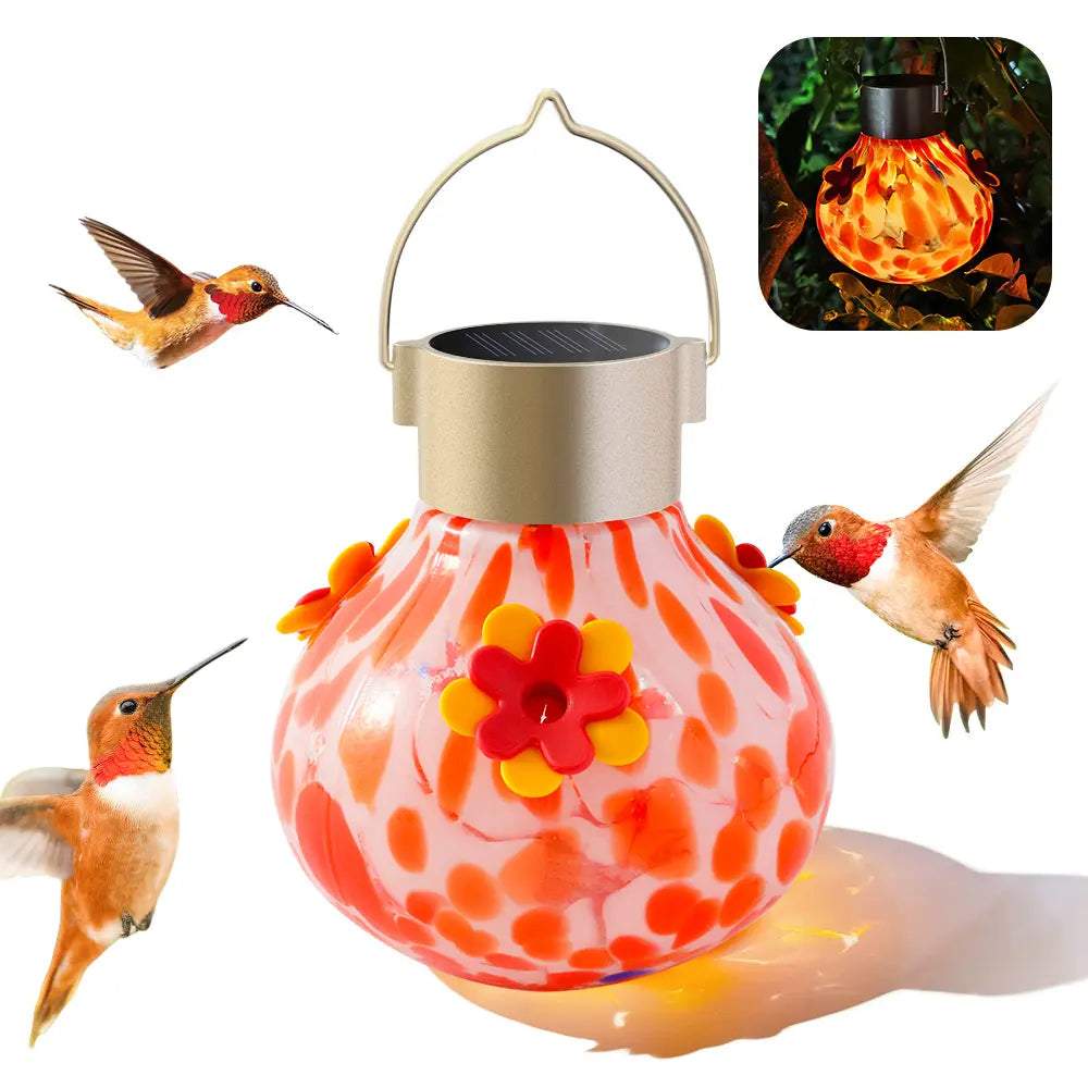 Vinguys Solar Hummingbird Feeder with Light – 13.5Oz Glass, 3-Port Garden Feeder, Auto-On at Night, Waterproof, Soft Glow