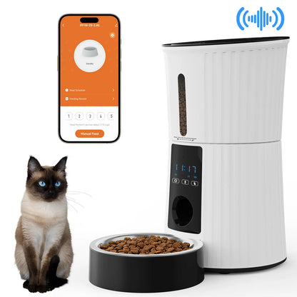 Automatic Cat Feeder, Timed Cat Food Dispenser with APP Control, 10S Voice Recorder, Dual Power Supply, 2.4G Wifi Indoor Programmable Pet Feeder with Desiccant for Small Cats and Dogs