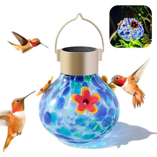 Vinguys Solar Hummingbird Feeder with Light – 13.5Oz Glass, 3-Port Garden Feeder, Auto-On at Night, Waterproof, Soft Glow