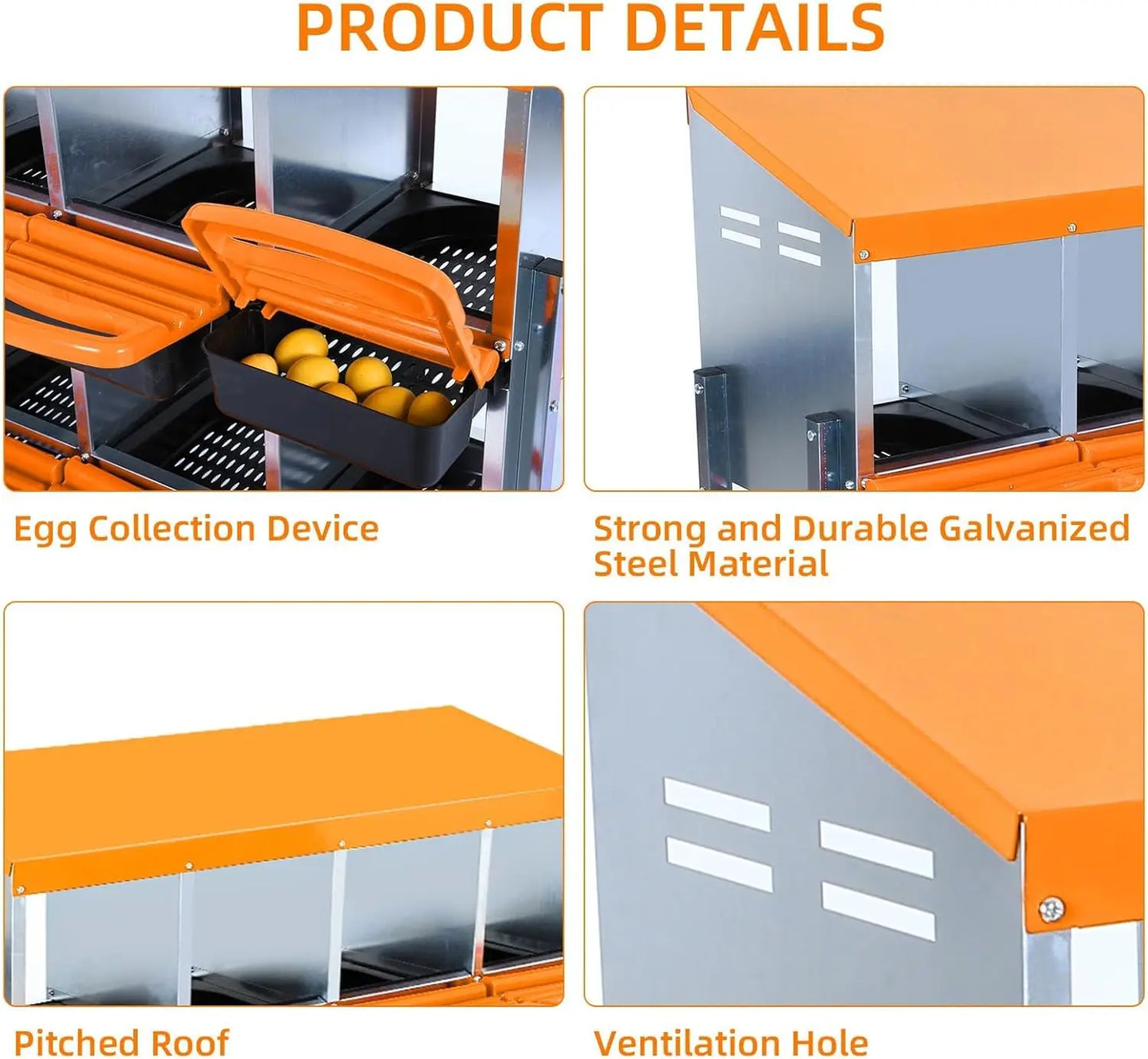 Chicken Nesting Boxes, 10 Hole Metal Chicken Laying Box with with Removable Trays and Roll Out Egg Collection for Chicken Coop, Orange
