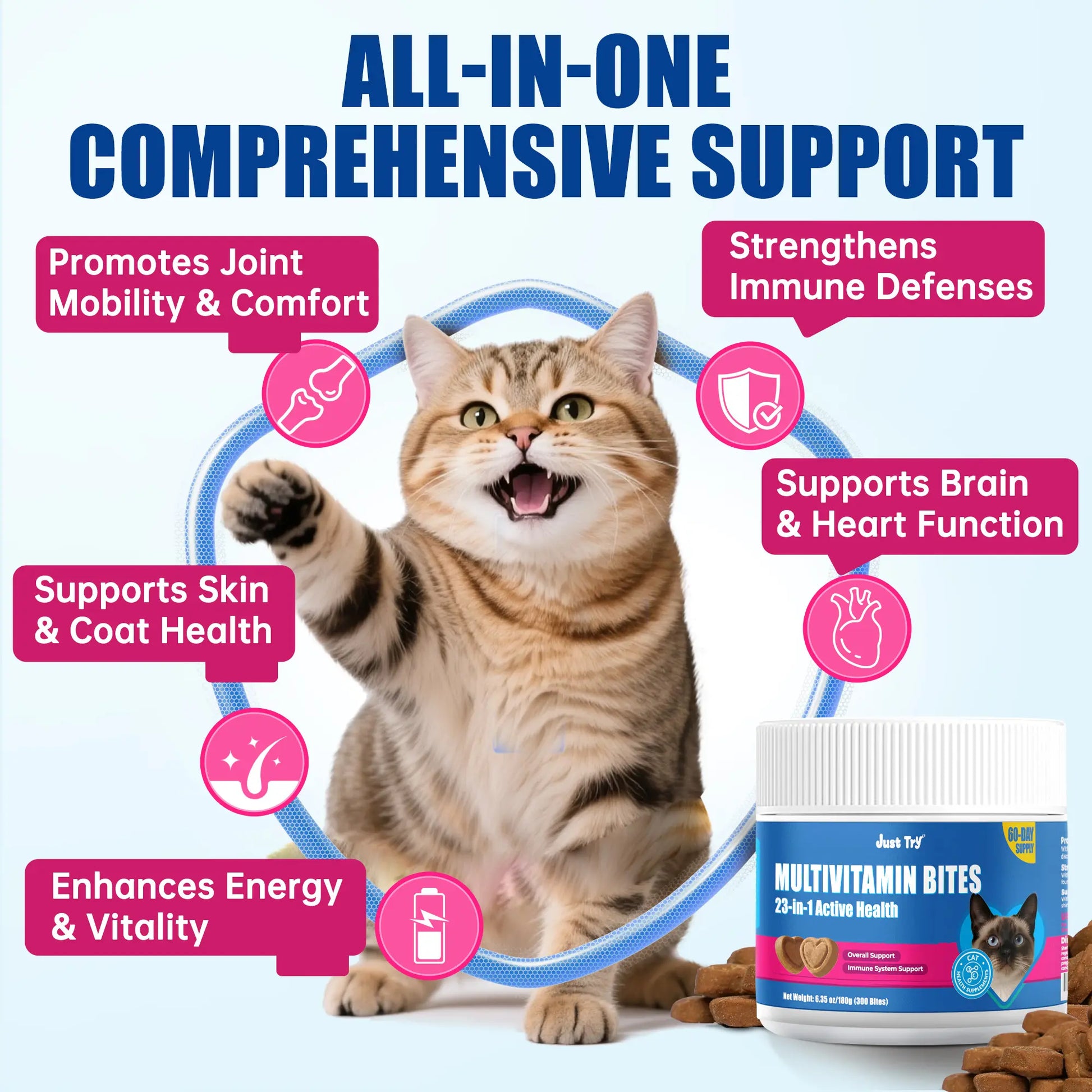 【Live Big Deal】Just Try All-In-One Cat Vitamin Bites for Overall Health Support - Cat Multivitamin with Taurine, L Lysine, Fish Oil for Immune, Heart, Vision & Skin Health - Delicious Soft Chews for Indoor Cats & Kittens