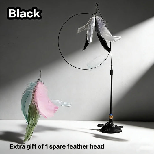 Cat Wand Toys with Suction Cup, Interactive Feathersimulation Cat Toy Set,Cat Teaser Cat Toys,Flexible Steelwire and 2Pcs Replacement Feather Reflls with Bells.Catteaser Pettoys Halloween Kitten Christmas Feathered