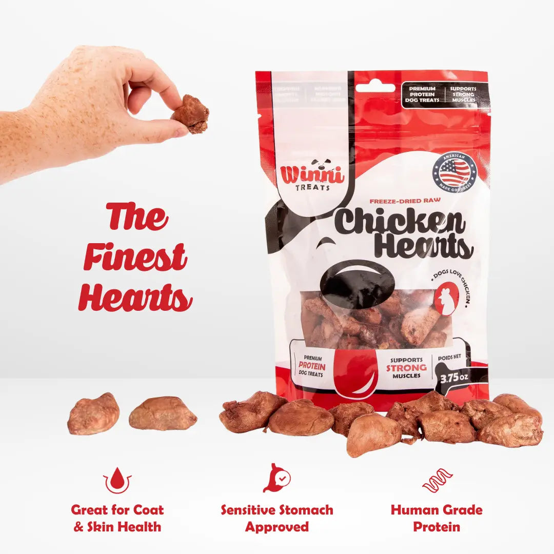 Winni Treats Freeze Dried Chicken Hearts Dog Treats - 100% Natural High Protein Snack Made in USA, Single Ingredient, Supports Strong Muscles, 3.75Oz