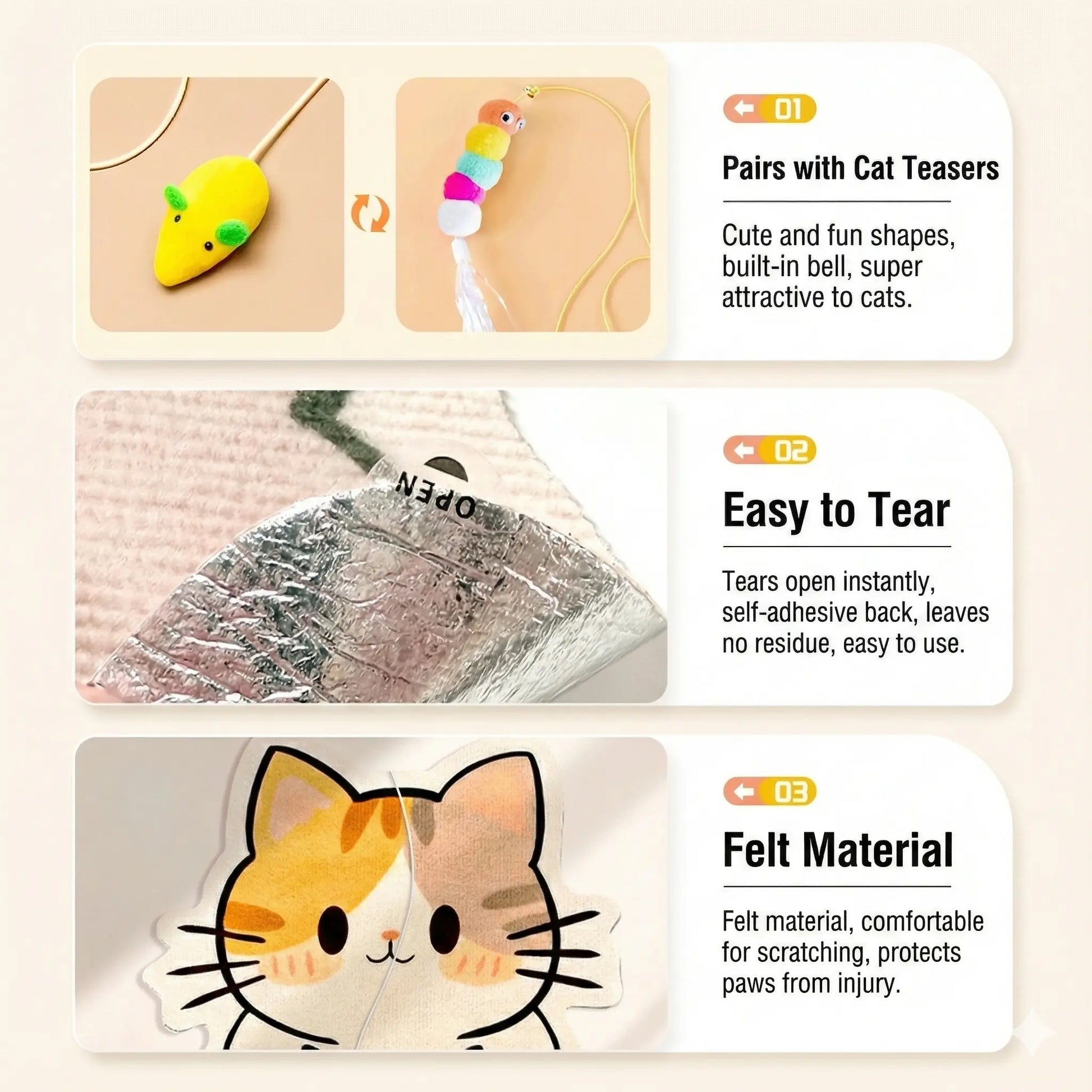Smartwell Cute Cat Scratcher Mat Kawaii Wall Protector Self-Adhesive Felt Scratch Pad for Indoor Cats Wall Sofas Cabinet Door Wall Mounted Cat Scratching Activity Tree Interactive Cat Scratching Board with Bell Multi-Functional Cat Small Space