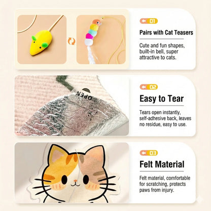 Smartwell Cute Cat Scratcher Mat Kawaii Wall Protector Self-Adhesive Felt Scratch Pad for Indoor Cats Wall Sofas Cabinet Door Wall Mounted Cat Scratching Activity Tree Interactive Cat Scratching Board with Bell Multi-Functional Cat Small Space