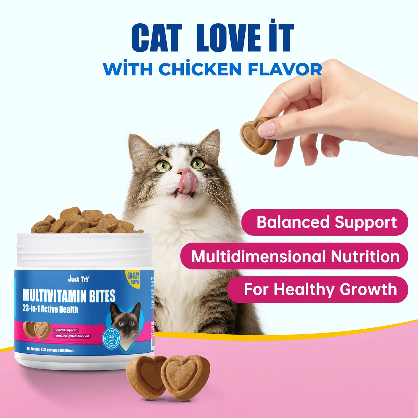 【Live Big Deal】Just Try All-In-One Cat Vitamin Bites for Overall Health Support - Cat Multivitamin with Taurine, L Lysine, Fish Oil for Immune, Heart, Vision & Skin Health - Delicious Soft Chews for Indoor Cats & Kittens