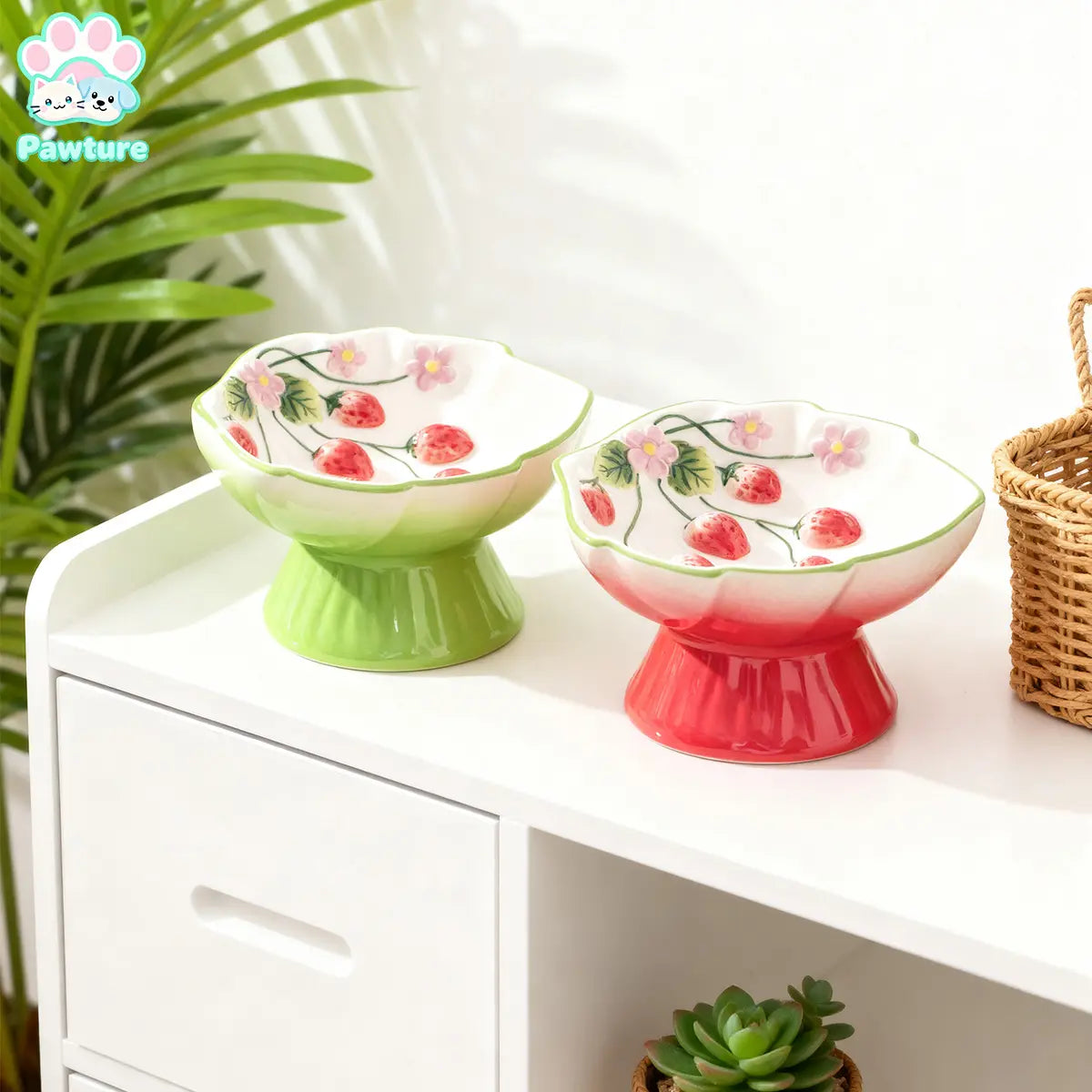 Ceramic Pet Slow Feeder Bowl, Elevated Pet Food Bowl for Cats & Small Dogs, Prevents Vomiting & Bloating, Non-Slip Base, Strawberry Country-Style Design for Dry and Wet Food