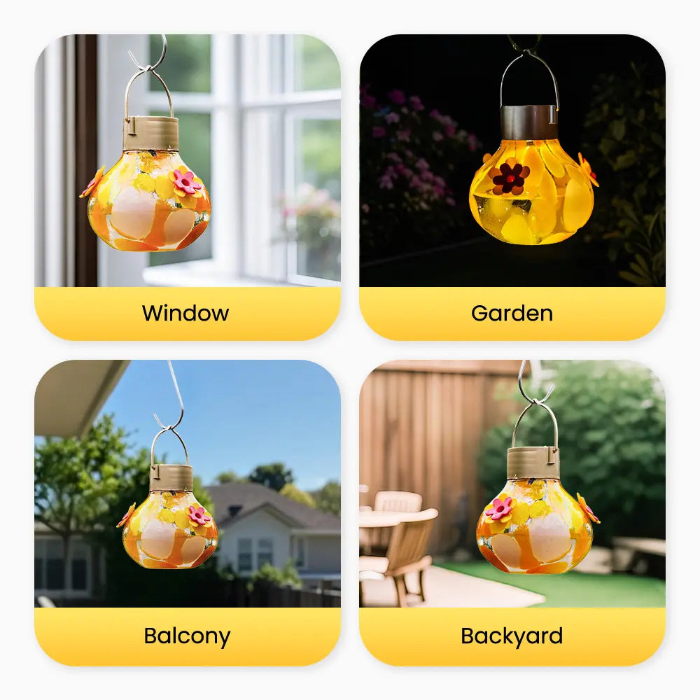 Vinguys Solar Hummingbird Feeder with Light – 13.5Oz Glass, 3-Port Garden Feeder, Auto-On at Night, Waterproof, Soft Glow