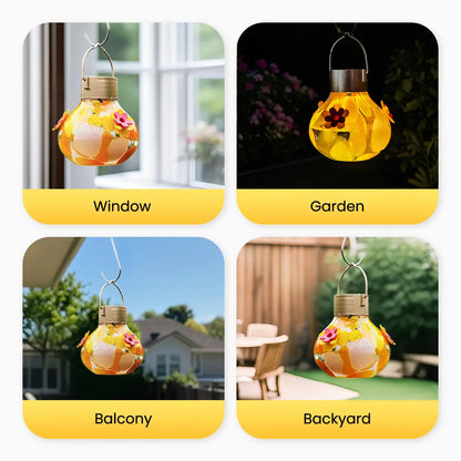 Vinguys Solar Hummingbird Feeder with Light – 13.5Oz Glass, 3-Port Garden Feeder, Auto-On at Night, Waterproof, Soft Glow