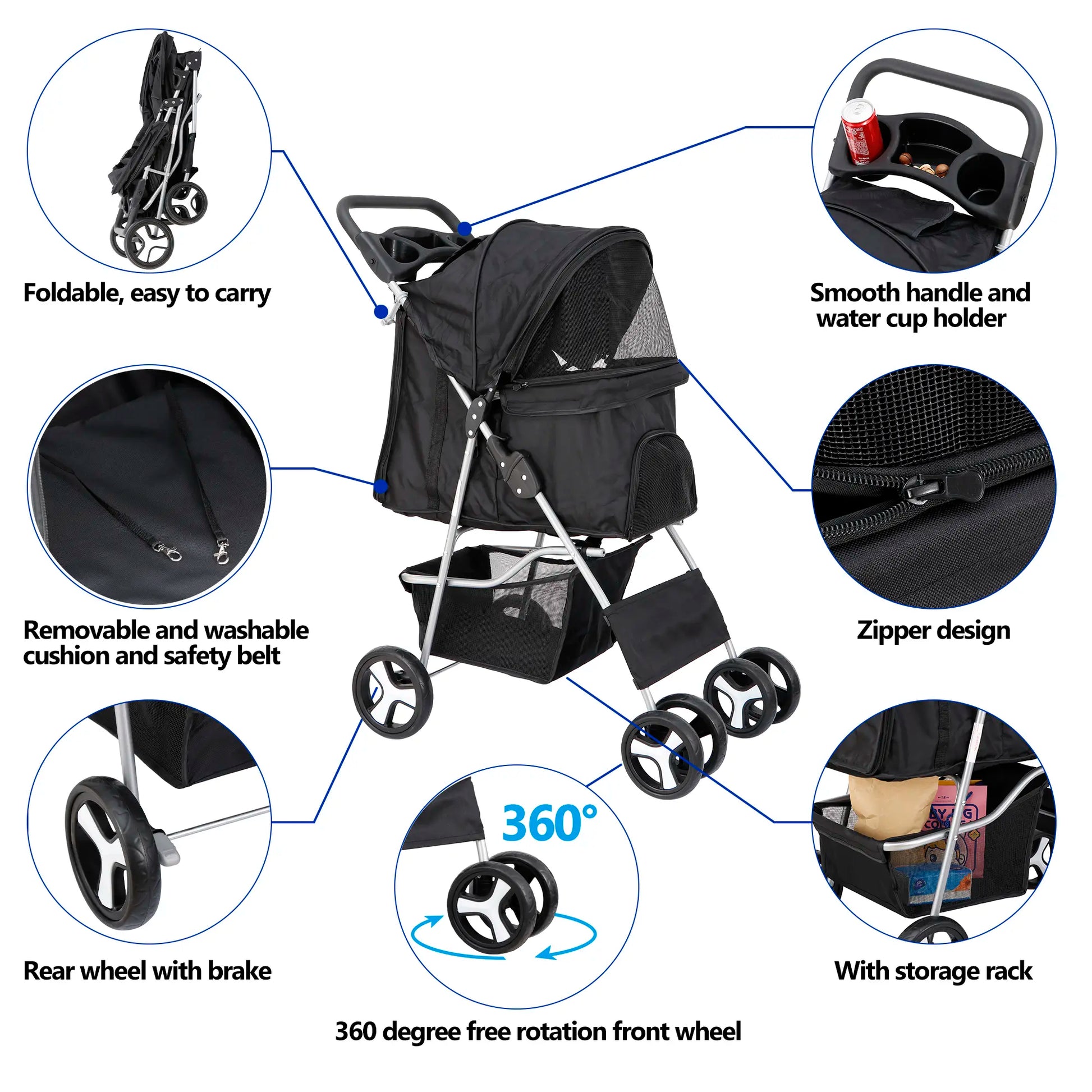 Segawe Foldable Dog Stroller Pet Travel Carriage Detachable Carrier Cart, Black