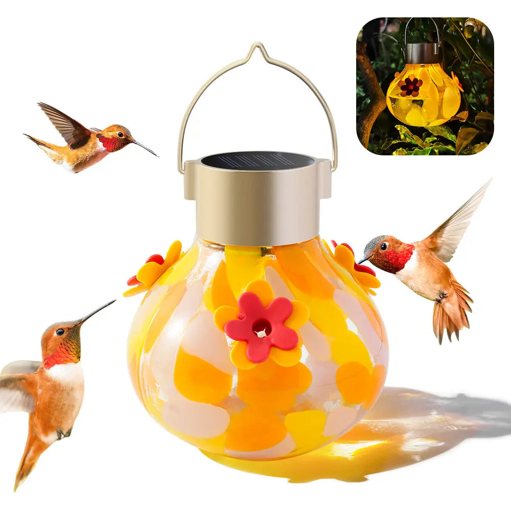 Vinguys Solar Hummingbird Feeder with Light – 13.5Oz Glass, 3-Port Garden Feeder, Auto-On at Night, Waterproof, Soft Glow