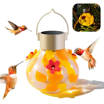 Vinguys Solar Hummingbird Feeder with Light – 13.5Oz Glass, 3-Port Garden Feeder, Auto-On at Night, Waterproof, Soft Glow