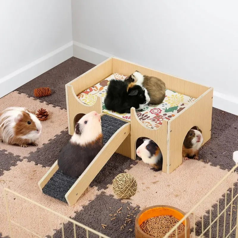Upgraded Guinea Pig Castle, Sturdy Wooden Guinea Pig Hideout, Small Animal House Bed Hut Habitats with Stairs, Easy to Assemble for Hamsters Bunny Chinchillas Playing Hiding