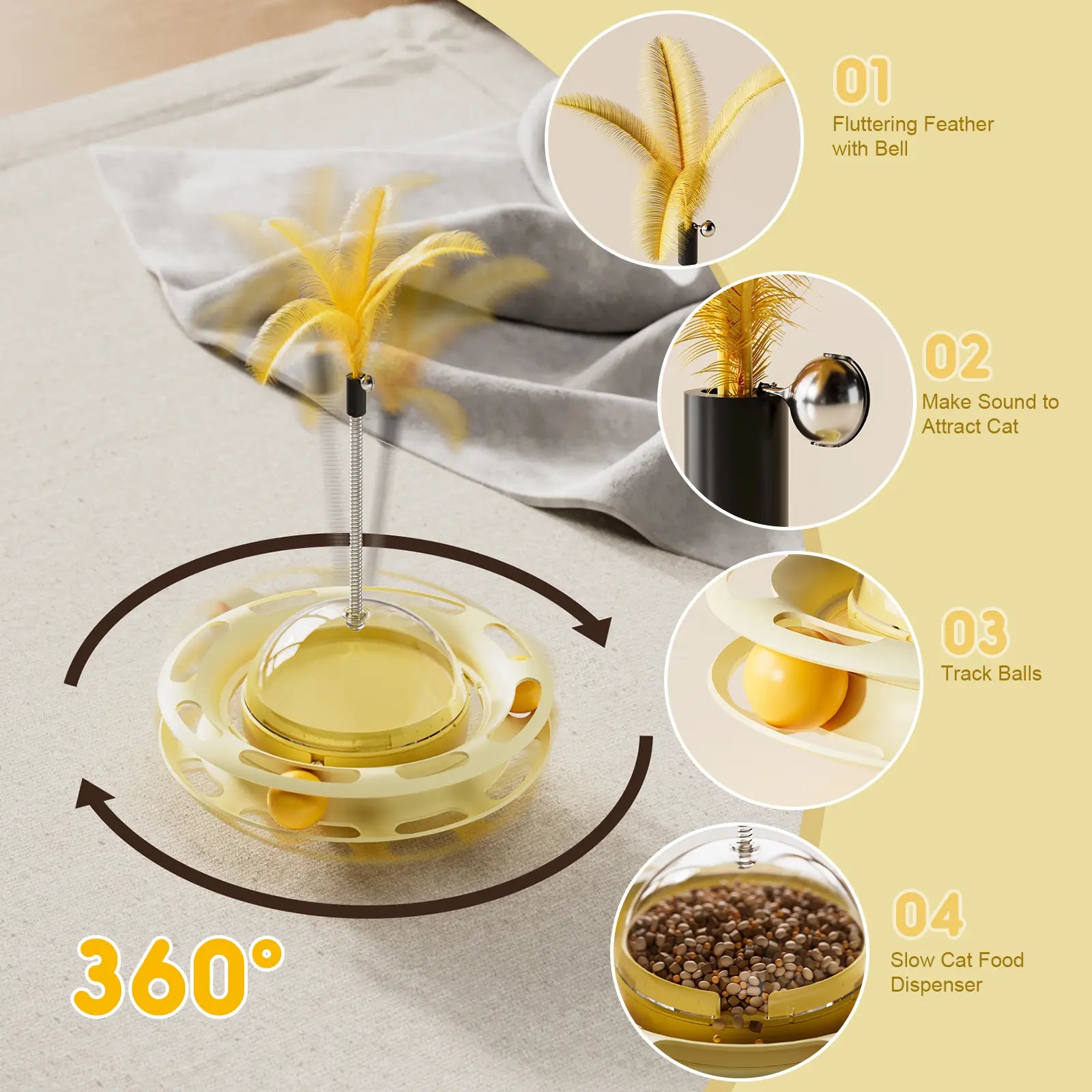 Cat Toys 3 in 1 Interactive Wobbling Cat Roller Toy , Moving Feather, 360° Rotating Food Leakage Device,Solve Cat Anxiety and Attract Cats to Play