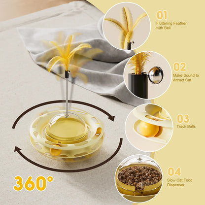 Cat Toys 3 in 1 Interactive Wobbling Cat Roller Toy , Moving Feather, 360° Rotating Food Leakage Device,Solve Cat Anxiety and Attract Cats to Play