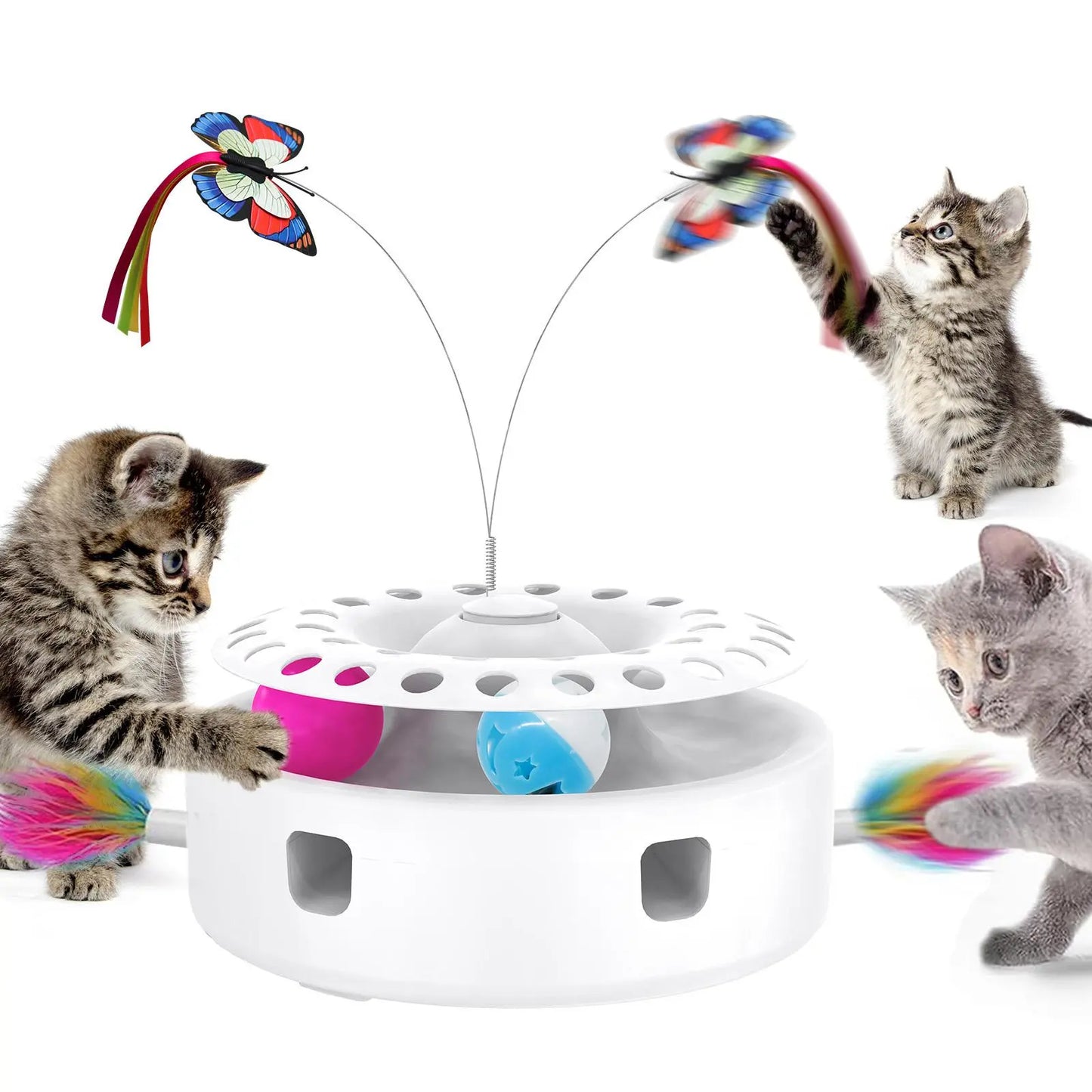 Cat Toys 3 in 1 Interactive Wobbling Cat Roller Toy , Moving Feather, 360° Rotating Food Leakage Device,Solve Cat Anxiety and Attract Cats to Play