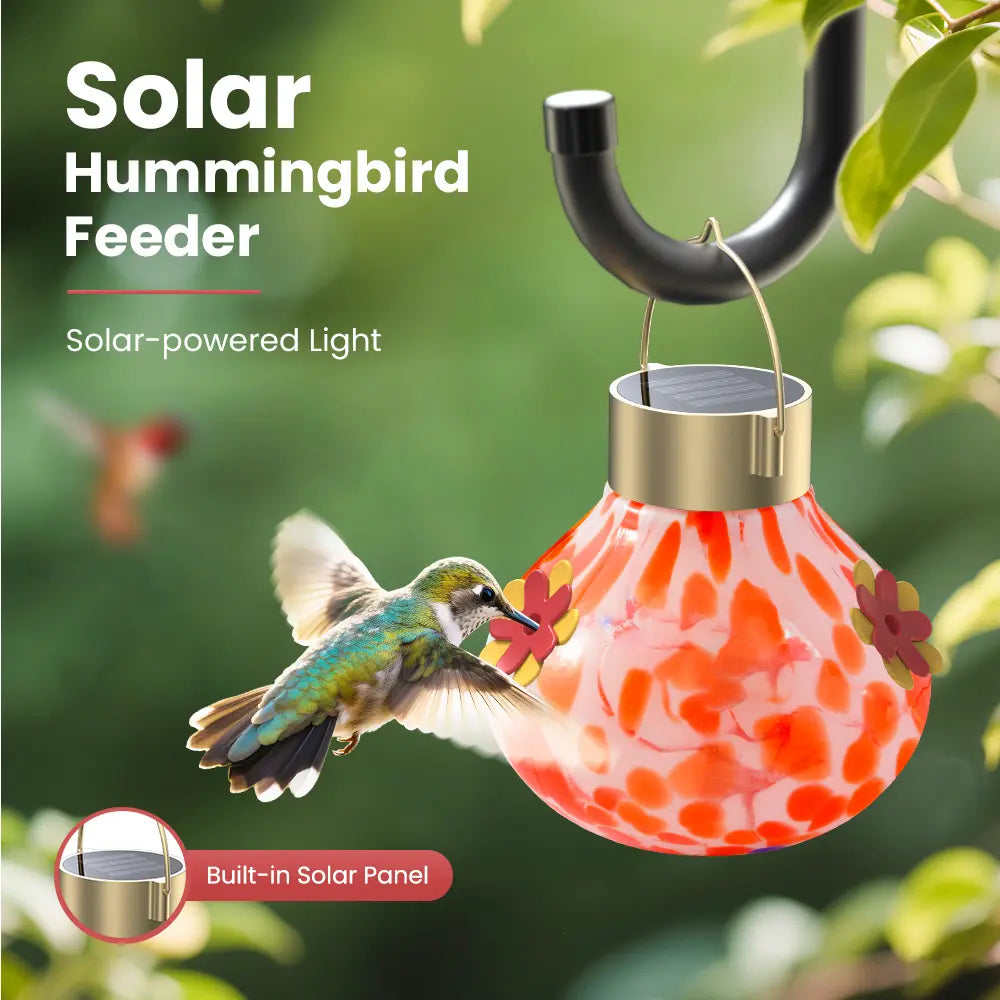 Vinguys Solar Hummingbird Feeder with Light – 13.5Oz Glass, 3-Port Garden Feeder, Auto-On at Night, Waterproof, Soft Glow
