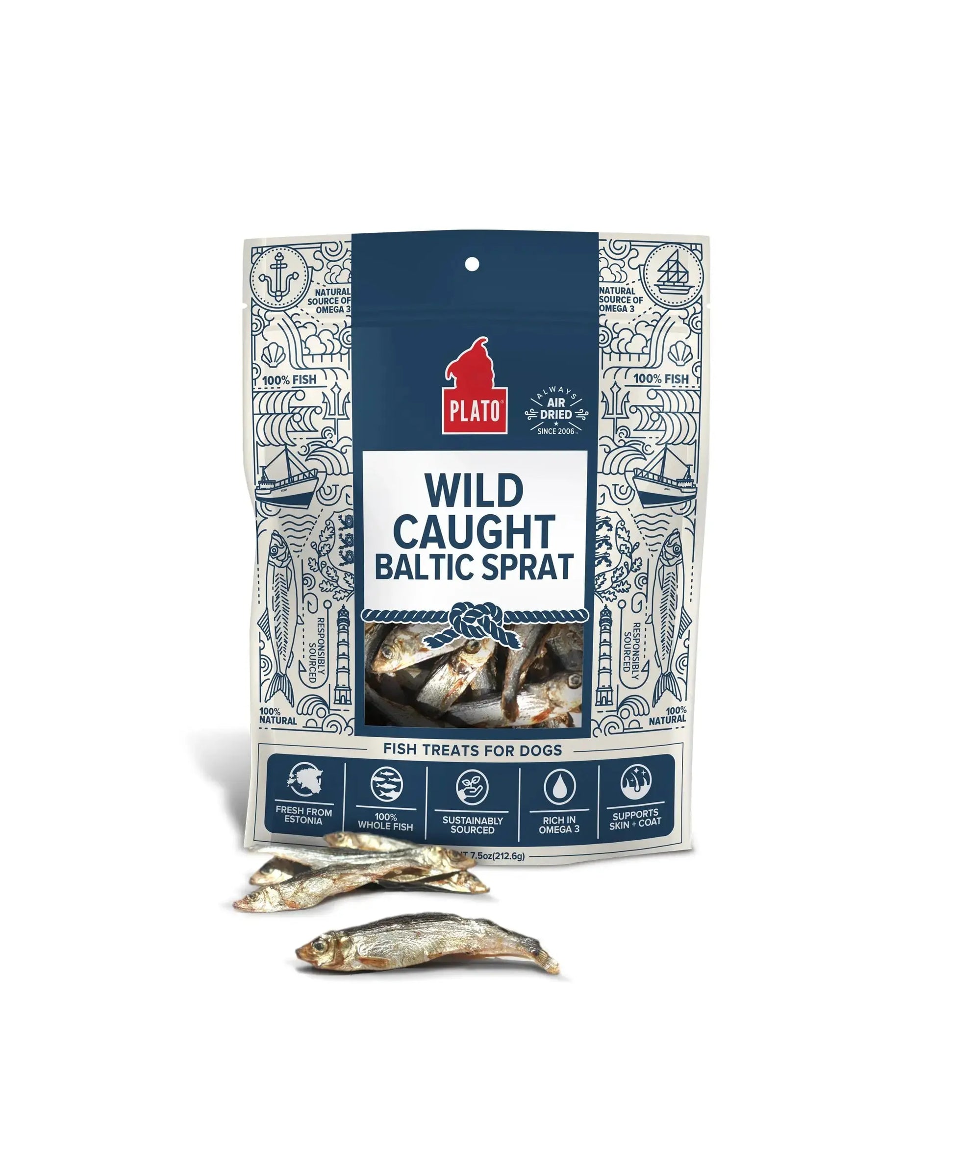 Plato Wild-Caught Baltic Sprat Dog Treats | Single-Ingredient Whole Fish | Omega-3 Skin & Coat Support | Grain-Free Air-Dried | 3Oz & 7.5Oz