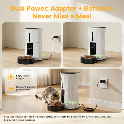 Automatic Cat Feeder, Timed Cat Food Dispenser with APP Control, 10S Voice Recorder, Dual Power Supply, 2.4G Wifi Indoor Programmable Pet Feeder with Desiccant for Small Cats and Dogs