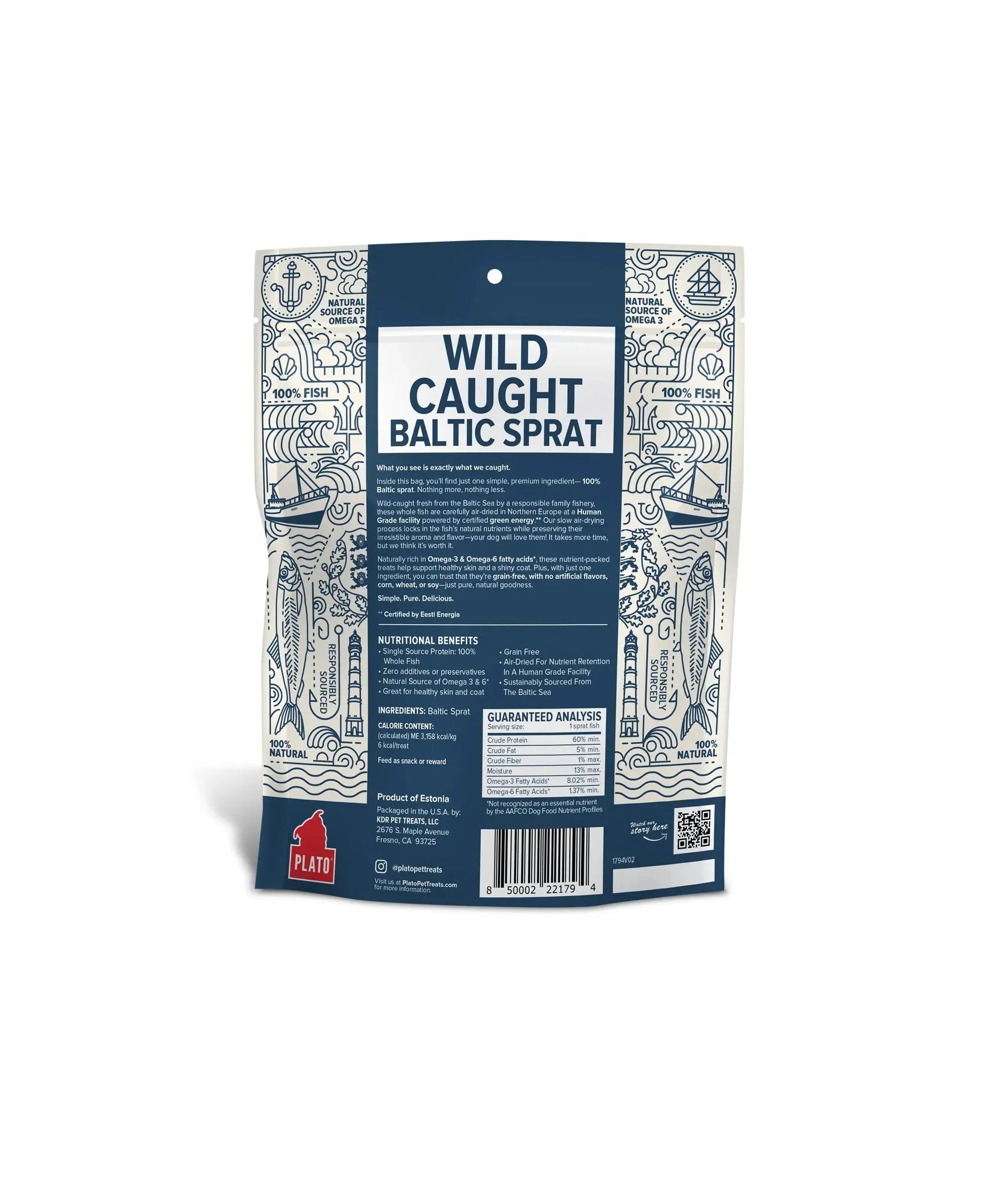 Plato Wild-Caught Baltic Sprat Dog Treats | Single-Ingredient Whole Fish | Omega-3 Skin & Coat Support | Grain-Free Air-Dried | 3Oz & 7.5Oz