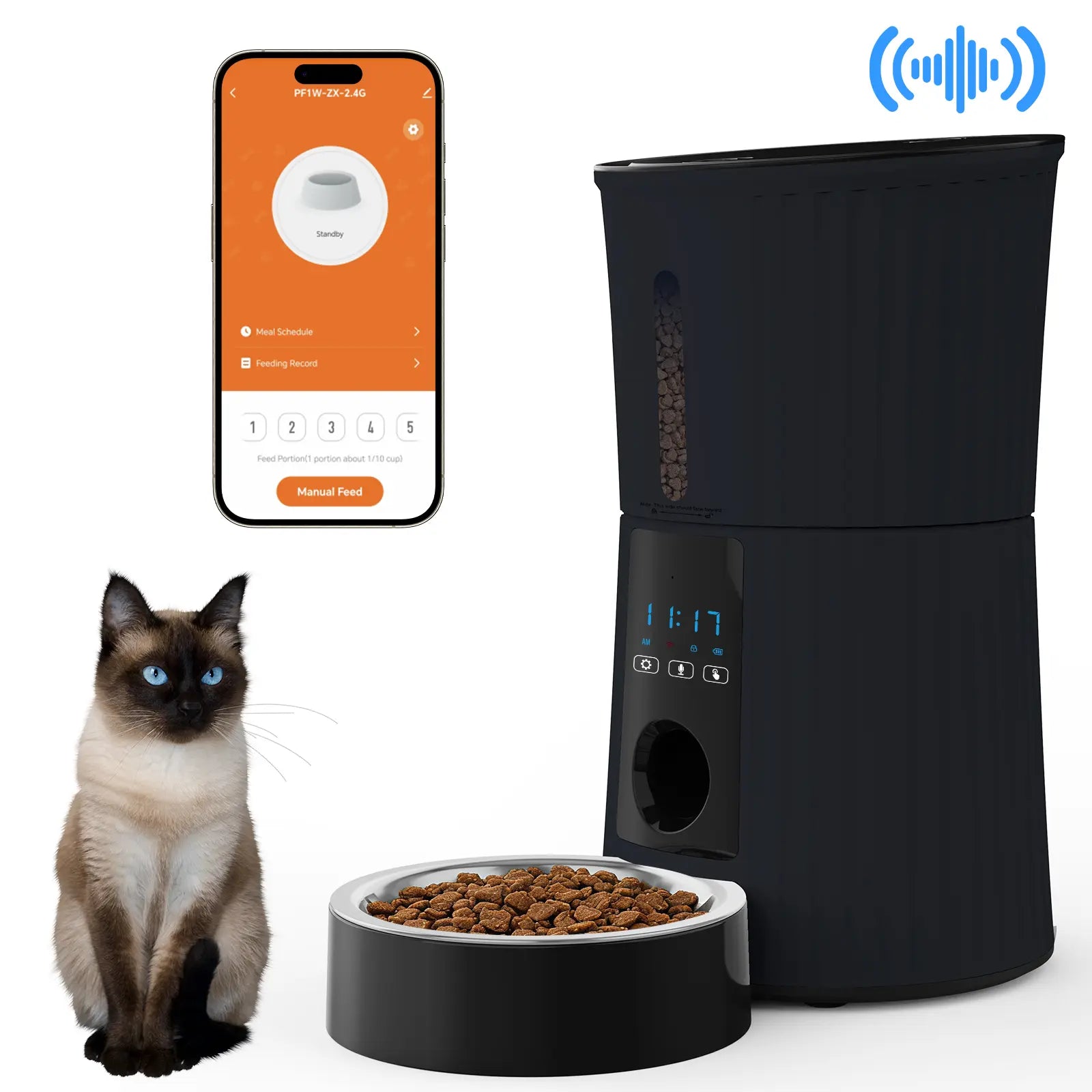 Automatic Cat Feeder, Timed Cat Food Dispenser with APP Control, 10S Voice Recorder, Dual Power Supply, 2.4G Wifi Indoor Programmable Pet Feeder with Desiccant for Small Cats and Dogs