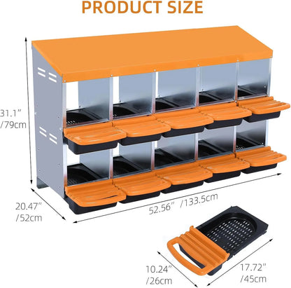 Chicken Nesting Boxes, 10 Hole Metal Chicken Laying Box with with Removable Trays and Roll Out Egg Collection for Chicken Coop, Orange